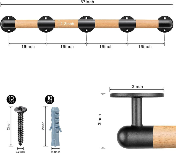 SELEWARE 67 Inch Wood Handrail Wall Mount Handrails for Indoor Stairs