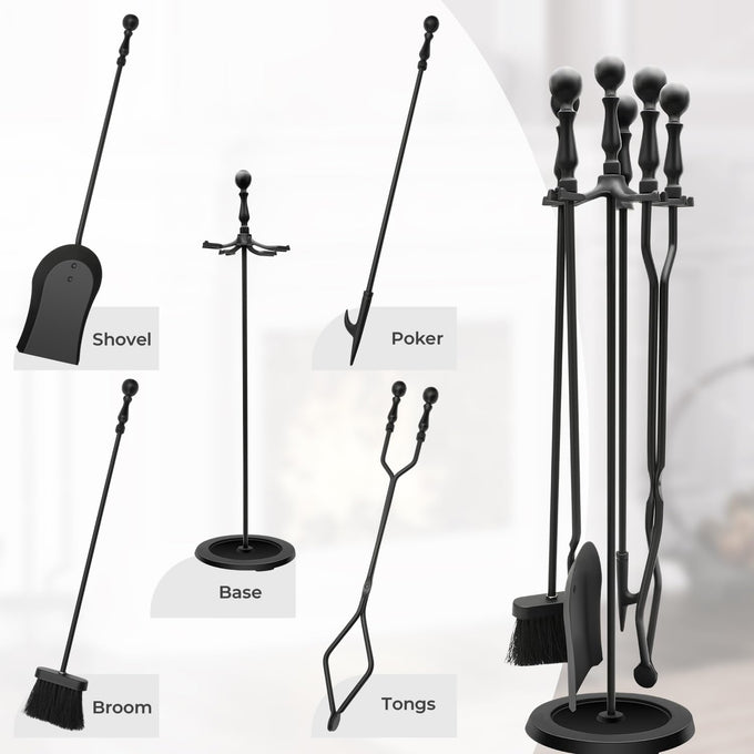 Heavy Duty Cast Iron Fireplace & Fire Pit Tools Set, 5-Piece