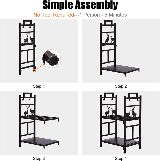 Outvita 2 Tier Firewood Log Rack, Iron Lumber Storage Holder, Wood Pile Stacker Organizer for Indoor Outdoor Fireplace Fire Stove Pit With 4 Fire Tools Hanging Hooks Christmas Elements Brown