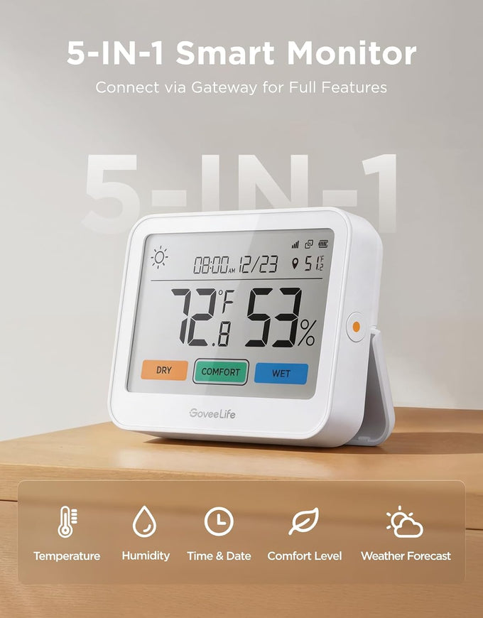 GoveeLife WiFi Thermometer Hygrometer 5-in-1, Large LCD 3-Pack with Gateway
