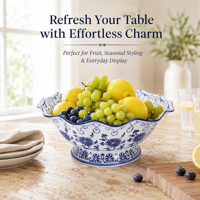 Blue and White Ceramic Fruit Bowl, Chinoiserie Decorative Pedestal Bowl