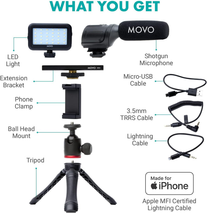 Movo iVlogger Vlogging Kit for iPhone - Lightning Compatible YouTube Starter Kit for Content Creators - Accessories: Phone Tripod, Phone Mount, LED Light and Shotgun Microphone