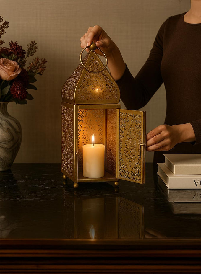 Serene Spaces Living Moroccan Lightweight Thin Gold Ornate Candle Lantern, Antique Gold Lantern, Decorative Candle Holders for Indian Wedding, Eid, Ramadan, Events, 4.5" Diameter & 12" Tall