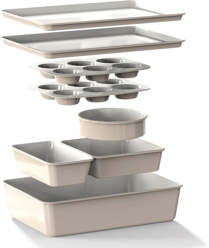 Larder & Vine 8-Piece Stackable Bakeware Set, Ceramic-Coated Nonstick Baking Pan Set, Non-Toxic, with Baking Sheets, Muffin Pan, Loaf Pan & Cake Pans, French Gray