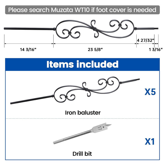 Muzata 5 Pack 44" S Scroll Hollow Iron Balusters WT03