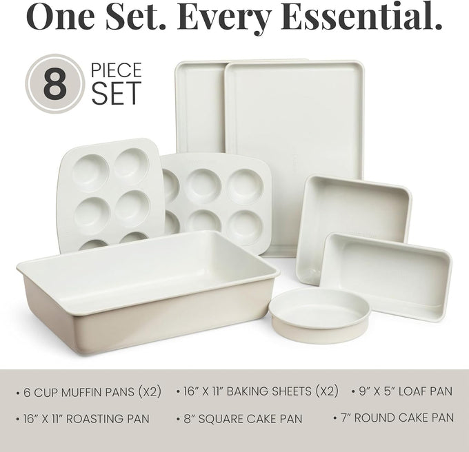 Larder & Vine 8-Piece Stackable Bakeware Set, Ceramic-Coated Nonstick Baking Pan Set, Non-Toxic, with Baking Sheets, Muffin Pan, Loaf Pan & Cake Pans, French Gray