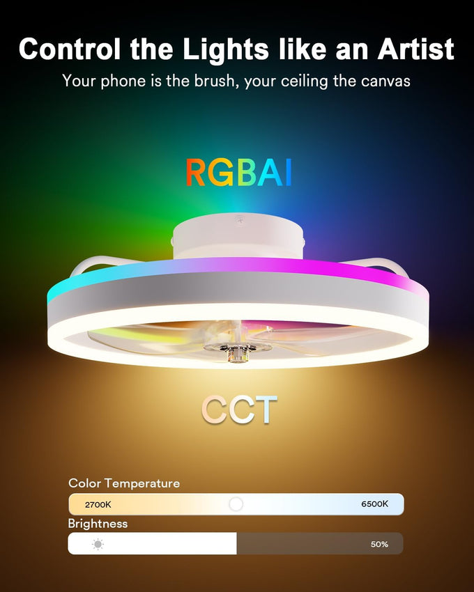 Lumary Smart WiFi Ceiling Fans with Lights, Low Profile Flush Mount White