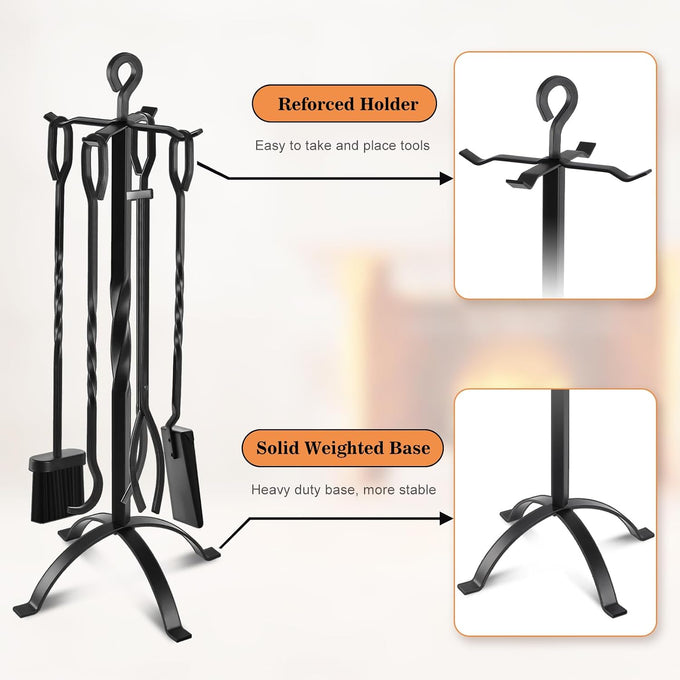 Gtongoko 32" Fireplace Tools Set, 5-Piece Solid Wrought Iron with Stand