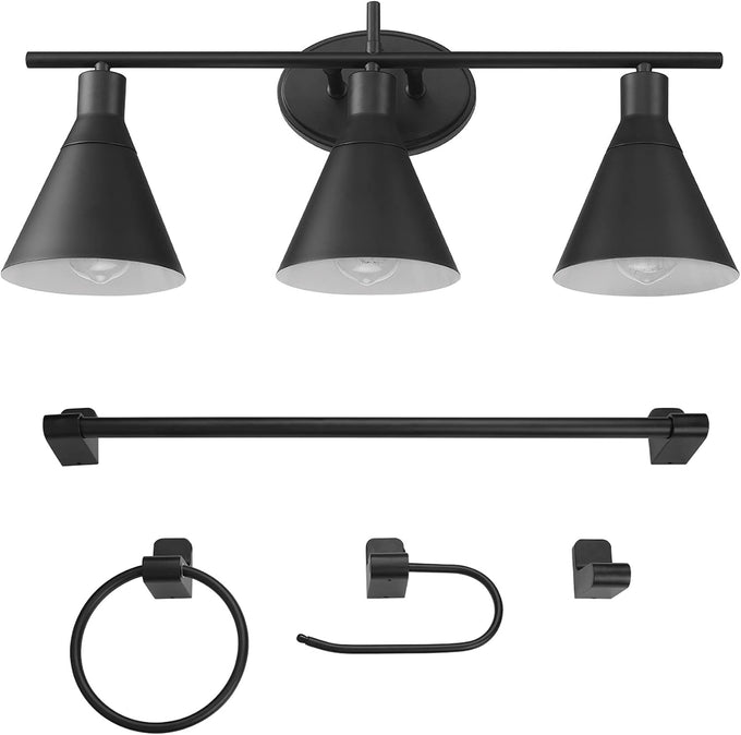 Globe Electric 65554 Barnyard 3-Light Vanity Light, Matte Black, White Interior Shades