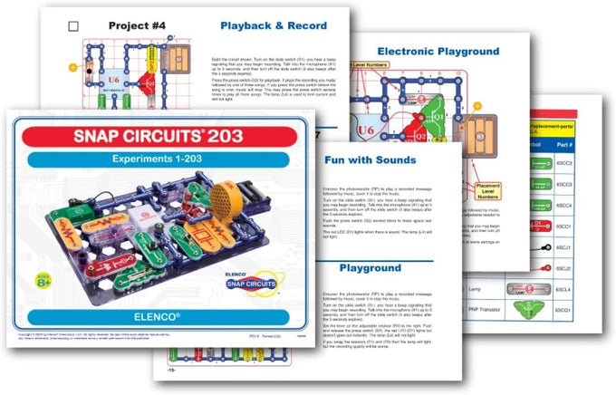 SNAP CIRCUITS 203 STEM Electronics Kit for ages 8 and up, featuring over 200 engaging projects to explore electrical engineering basics with 40+ snap-together components.