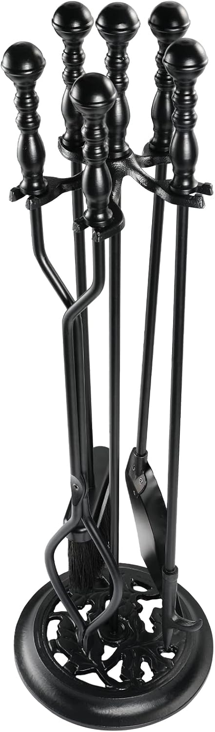 5 Pieces Fireplace Tools Sets Wrought Iron Firewood Kit with Handle Durable Tool Set and Holder for Fire Pit Stand Indoor Tong Shovel Poker Brush Firewood Accessories (Black)