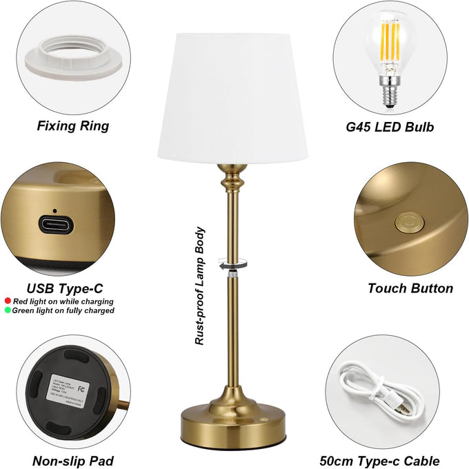 Kakanuo Gold Cordless Table Lamp with Rechargeable Battery, 1 Pack
