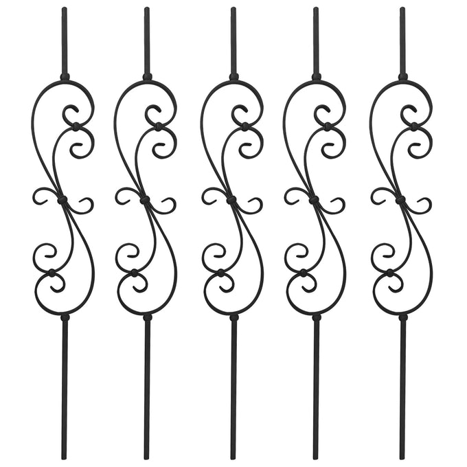5 Pack 44" Iron S Scroll Balusters for Staircase Interior, 1/2" Hollow Stair Balusters, Matte Black Metal Balusters, Easy to Cut & Install