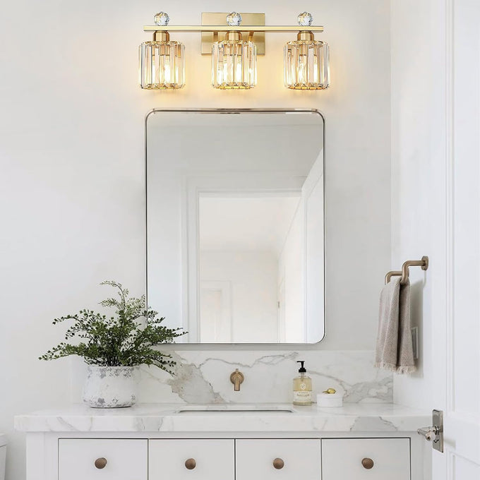 3-Light Gold Bathroom Light Fixtures,Modern Bathroom Vanity Lights Fixture with Clear Crystal Glass Shade, Modern Crystal 3 Lights Wall Sconce for Mirror Bedroom Living Room