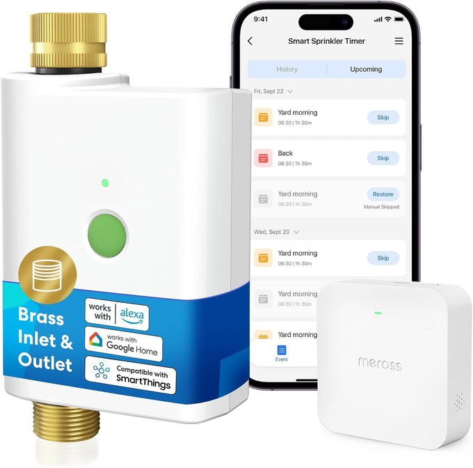 meross WiFi Water Timer for Garden Hose, Brass Inlet & Outet, Rain Skip