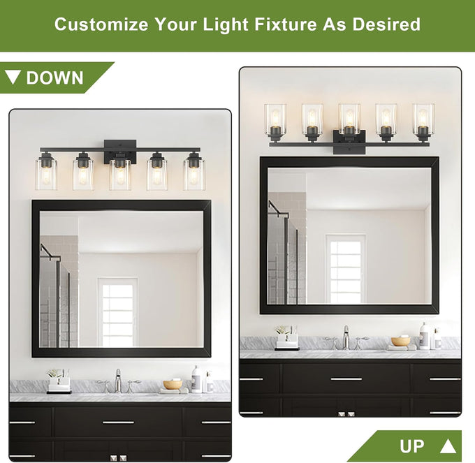 Matte Black Bathroom Light Fixtures, 5-Light Vanity Lights over mirror