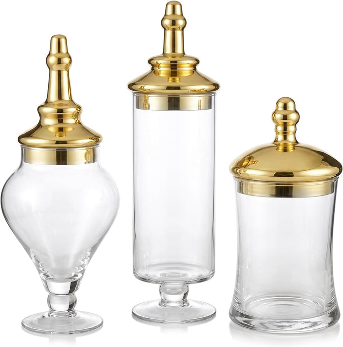 MyGift 3 Piece Clear Glass Apothecary Jars with Metallic Brass Tone Lids