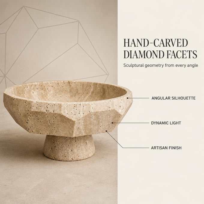 Natural Beige Travertine Pedestal Fruit Bowl, Heavyweight Geometric Diamond Faceted Stone Bowl, Modern Decorative Centerpiece Bowl for Kitchen Counter Island, Entryway Table & Dining Room