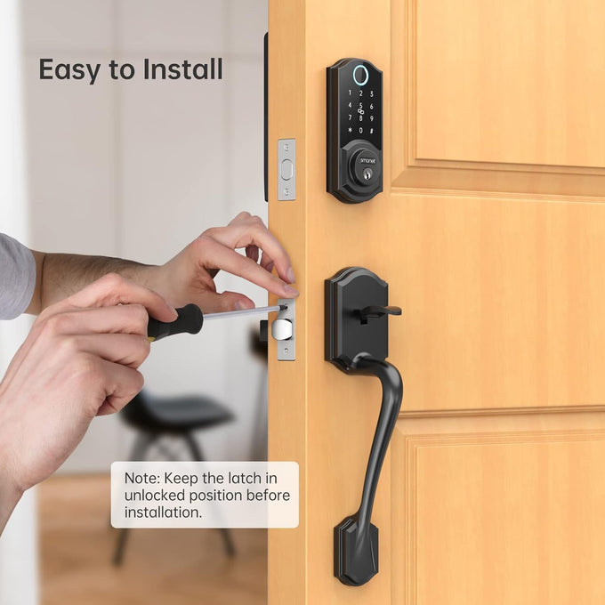 Smart Lock Front Door, SMONET Keyless Entry Door Lock with Handle, Smart Front Door Lock Set Fingerprint Smart Deadbolt Bluetooth Electronic Digital Keypad Lock, Auto Lock Work with Alexa, Black