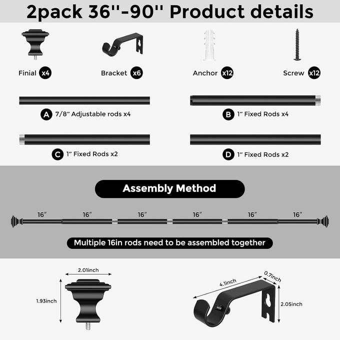 2 Pack Curtain Rod 36-90 Inch, 1Inch Adjustable Square Black Curtain Rod