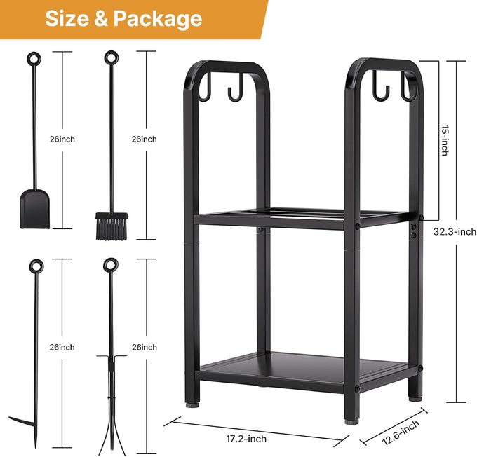 Vailge Firewood Rack Indoor with 4 Pieces Long&Detachable Fireplace Tools, Heavy Duty Steel 2-Tier Firewood Holder Storage, Log Rack for for Fireplace, Fire Pit, Wood Stove Black