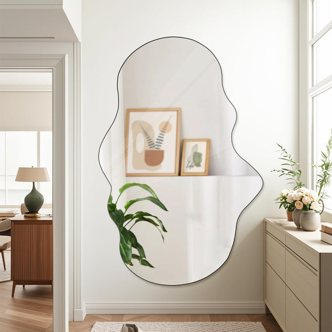BST FURNH Cloud Shaped Wall Mirror 33.5x20.5 Inch - Large Irregular Asymmetrical Mirror for Living Room Bedroom Bathroom Entryway, Frameless Decorative Wall Mounted Mirror, White