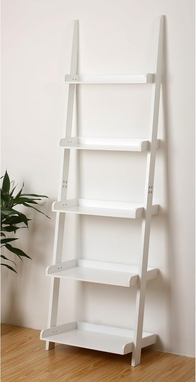 eHemco Modern 5 Tier Leaning Wall Ladder Bookshelf, Black, 70 Inches