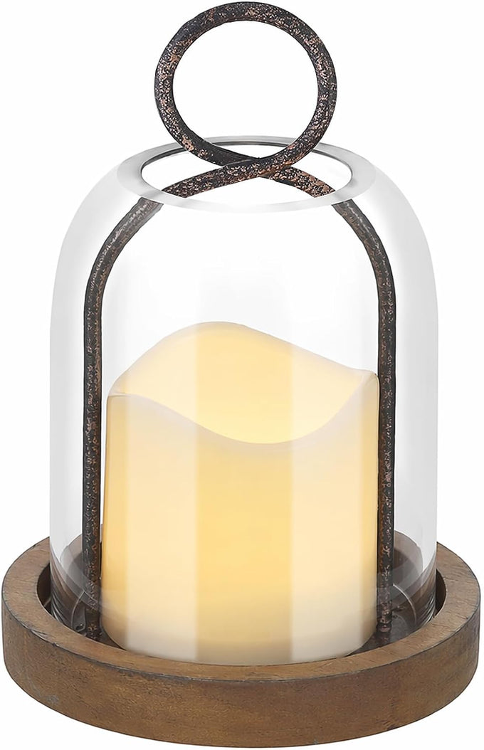 16" High Versatile Vintage Brass Metal Candle Holder with Handmade Sturdy Glass Dome and Natural Wooden Base for Pillar Candle & Plants, Industrial, Farmhouse, Shabby Chic, Display Cloche Bell Jars