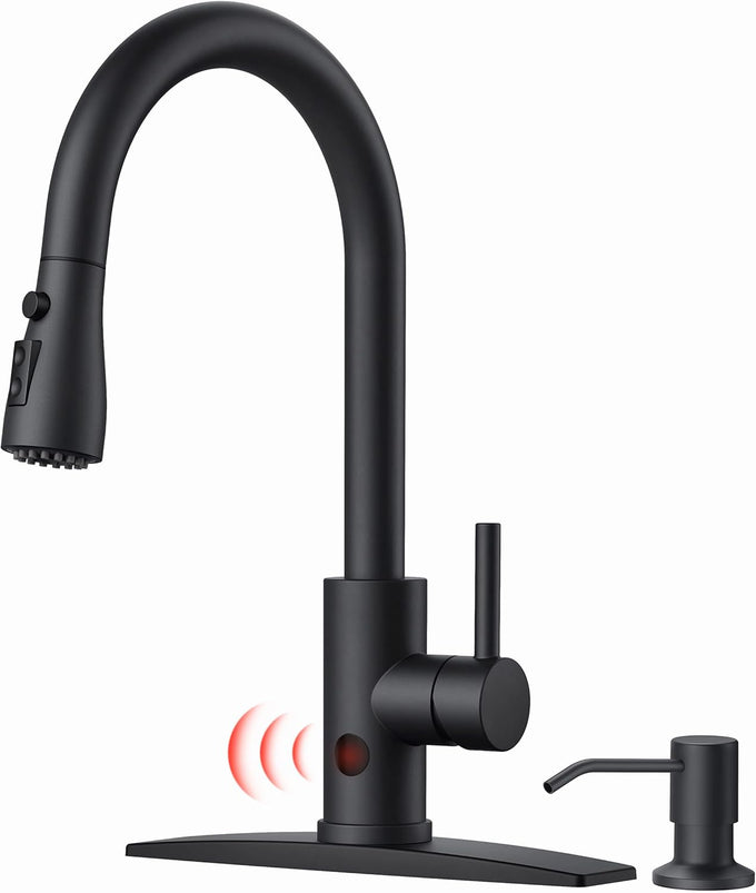 FORIOUS Black Touchless Kitchen Faucet with Soap Dispenser, Hands-Free