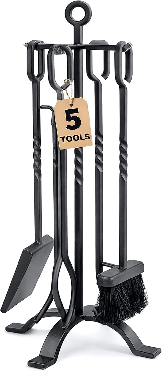 Amagabeli 5 Pieces Fireplace Tools Sets Wrought Iron Indoor Fireplace Set with Poker Tongs Broom Shovel Stand Fire Tools Outdoor Rustic Fire Poker Set Fire Place Hearth Accessories Sets Antique Pewter