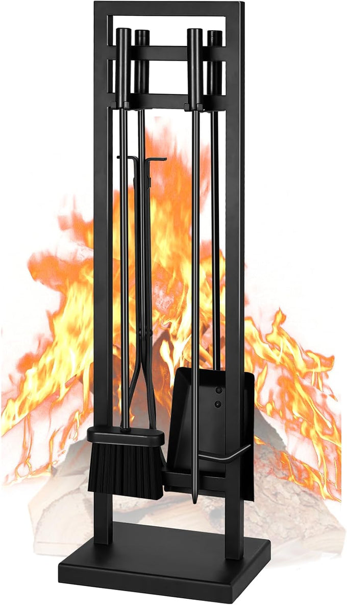 FEED GARDEN 5-Piece Fireplace Tool Set, 30" One-Piece Stand, Wrought Iron