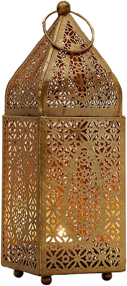 Serene Spaces Living Moroccan Lightweight Thin Gold Ornate Candle Lantern, Antique Gold Lantern, Decorative Candle Holders for Indian Wedding, Eid, Ramadan, Events, 4.5" Diameter & 12" Tall
