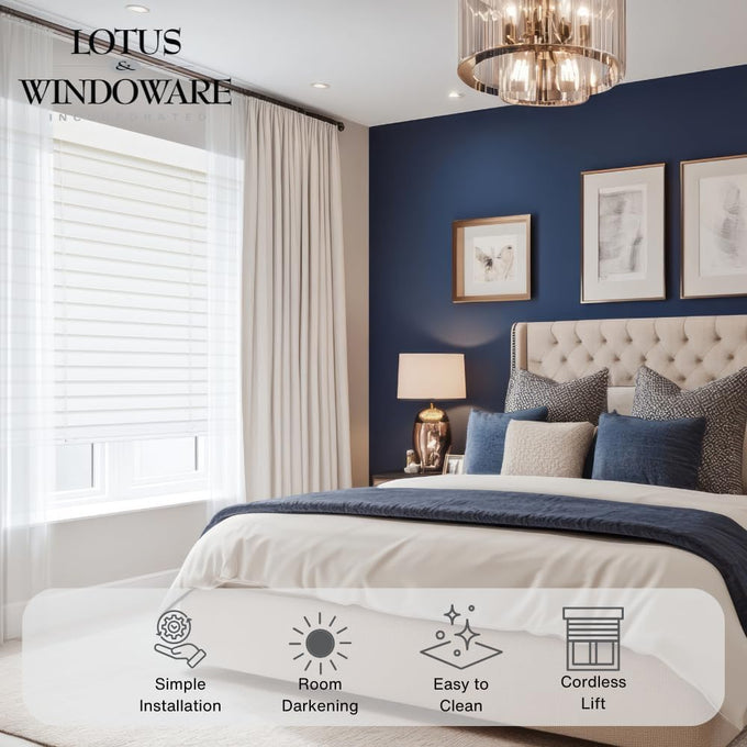 Lotus & Windoware Cordless Faux Wood Blind, Smooth, Bright White, Privacy Slats, Blinds for Indoor Windows, 35" Wide x 54" Long