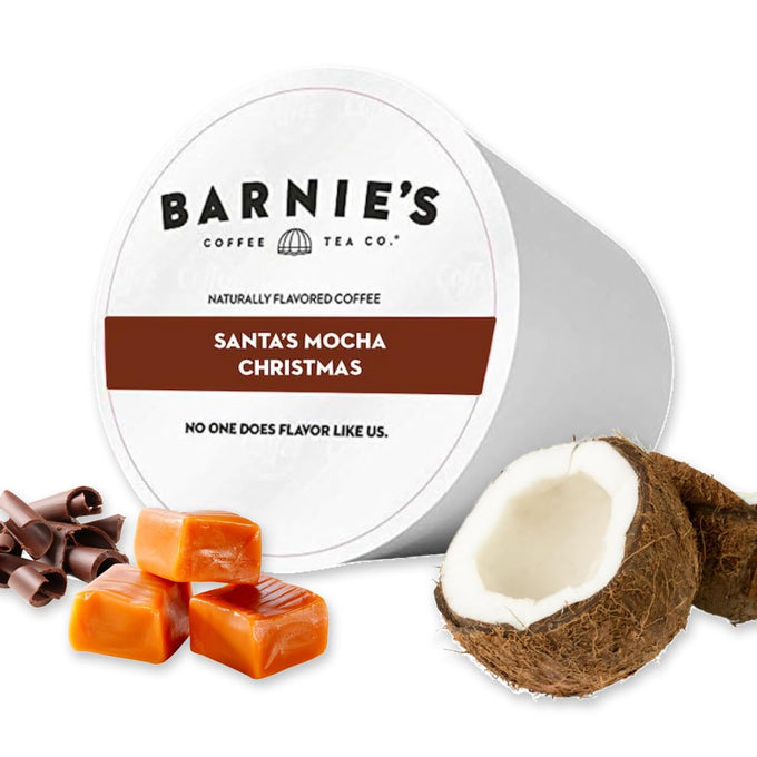 Barnie's Coffee Santa's White Christmas Single Serve Coffee Pods with Coconut, Vanilla, and Caramel Flavors, Medium Roast Arabica Coffee Beans Compatible with Keurig Brewers, 48 Count