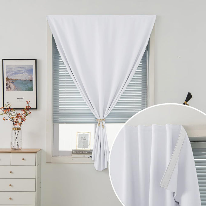 Self Adhesive Curtains Portable Blackout Curtain Simple and Easy to Install Bedroom Window Thermal Lnsulated Kitchen Room Darkening Black Small Drapes, 59" W X 96" L, White, 2 Panels