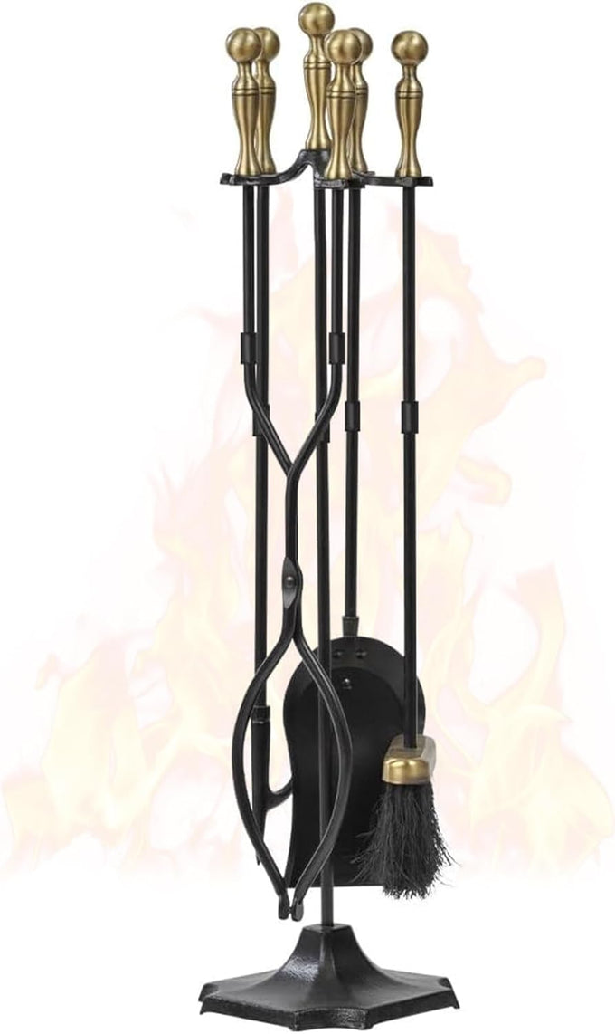 AMAGABELI Garden & Home 5 Pcs Fireplace Tools Brass Handles Wrought Iron Set Holder Indoor Outdoor Fireset Fire Pit Stand Rustic Tongs Shovel Brush Chimney Poker Wood Stove Hearth Accessories Kit
