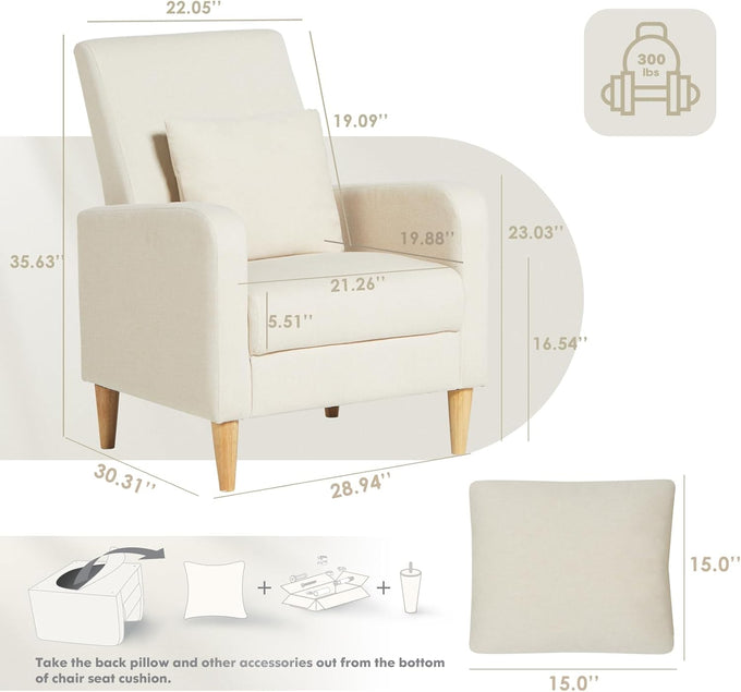 COLAMY Mid-Century Modern Accent Chair, Fabric Upholstered Living Room Chair with Back Pillow & Solid Wood Legs, Comfy Armchair for Living Room, Bedroom, Single Sofa, Beige