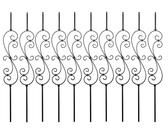 S10 - Wrought Iron Balusters – Set of 5 Deck Balusters - Decorative Metal Balusters for Decks – S Scroll - 1/2-inch Hollow Iron Spindles – Satin Black Metal Railing