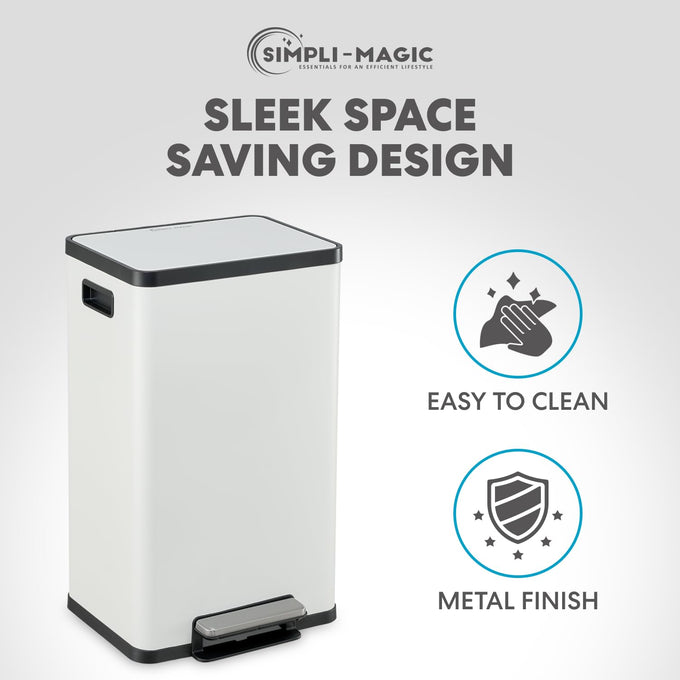 SIMPLI-MAGIC 13.2 Gallon (50L) Step Trash Can – Kitchen Garbage Can with Slow-Close Lid – Odor Control, Hands-Free, Easy to Clean, White