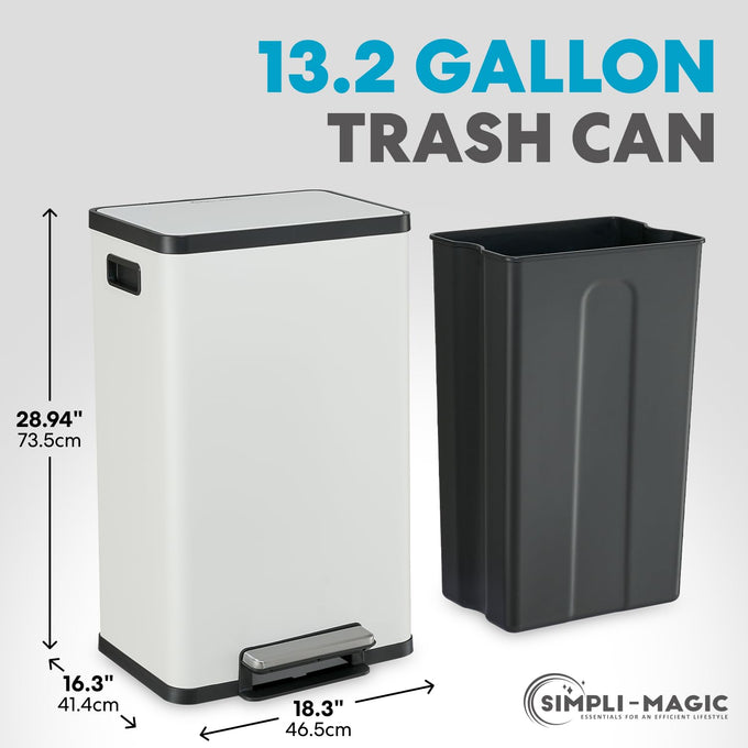SIMPLI-MAGIC 13.2 Gallon (50L) Step Trash Can – Kitchen Garbage Can with Slow-Close Lid – Odor Control, Hands-Free, Easy to Clean, White