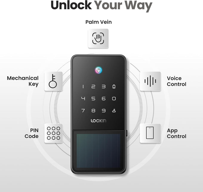 Lockin Veno Solar Palm Smart Lock, Palm Vein Keyless Entry Door Lock