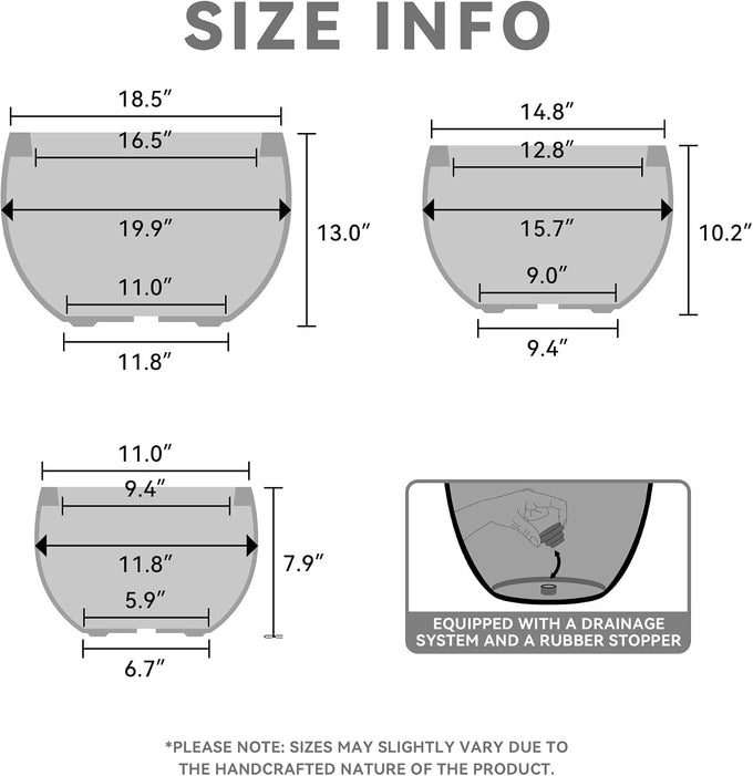 Kante Set of 3 Black Concrete Bowl Planters 20" 15.7" 11.8" Dia