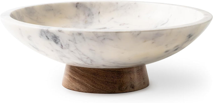 Cork & Mill Marble Decorative Bowl with Acacia Wood Pedestal, 11 Inch