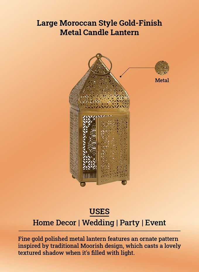 Serene Spaces Living Moroccan Lightweight Thin Gold Ornate Candle Lantern, Antique Gold Lantern, Decorative Candle Holders for Indian Wedding, Eid, Ramadan, Events, 4.5" Diameter & 12" Tall