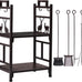 Outvita 2 Tier Firewood Log Rack, Iron Lumber Storage Holder, Wood Pile Stacker Organizer for Indoor Outdoor Fireplace Fire Stove Pit With 4 Fire Tools Hanging Hooks Christmas Elements Brown