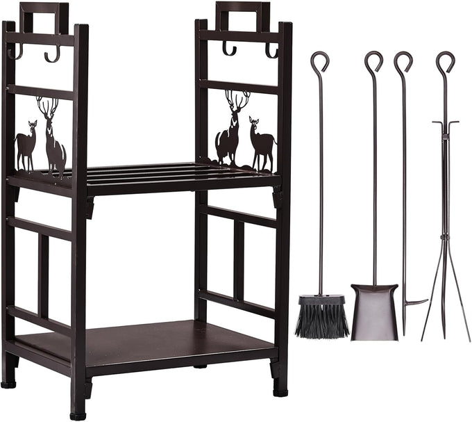 Outvita 2 Tier Firewood Log Rack, Iron Lumber Storage Holder, Wood Pile Stacker Organizer for Indoor Outdoor Fireplace Fire Stove Pit With 4 Fire Tools Hanging Hooks Christmas Elements Brown