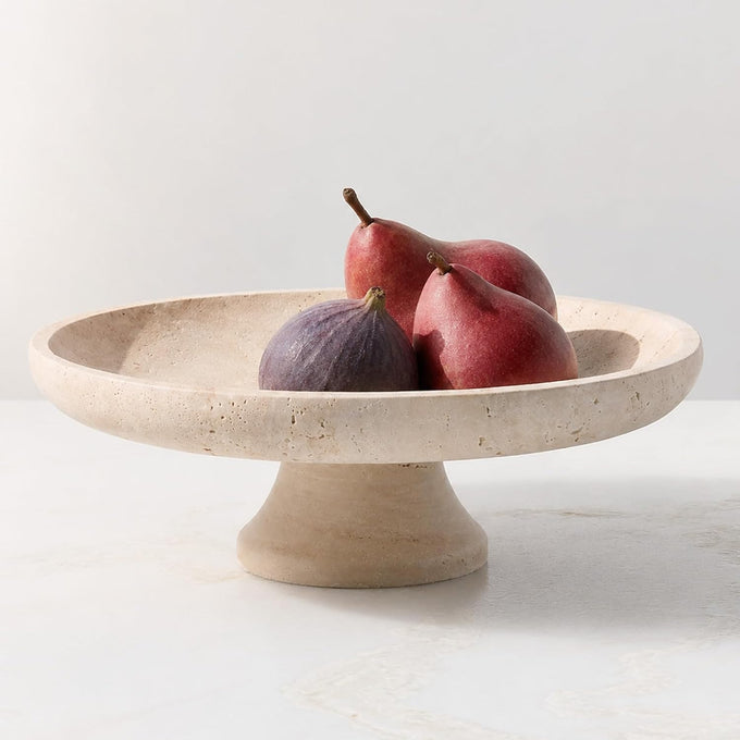 Koville Natural Italian Travertine Fruit Bowl, 11 Inch Decorative Pedestal Bowl, Handmade Stone Centerpiece Bowl for Kitchen Counter, Coffee Table & Dining Table, Modern Home Decor, Beige