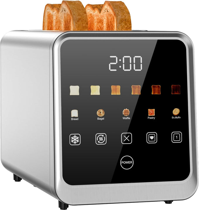 Smart Toaster 2 Slice with Touchscreen, 900W Stainless Steel Wide Slot 1.5 Inch, BreadID Tech Live Countdown Timer, Memory Function, Defrost Reheat for Bagel Waffle Bread, Kitchen Essentials