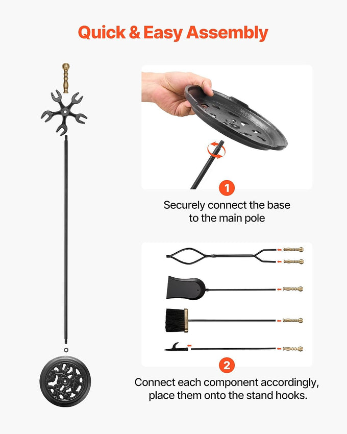 VEVOR Fireplace Tool Set, 5 PCS Fire Tool Set and Holder with Five-Prong Stand, Tongs, Ash Shovel, Brush, Fire Place Poker, Wrought Iron Fireplace Accessories for Indoor/Outdoor, Black & Brass