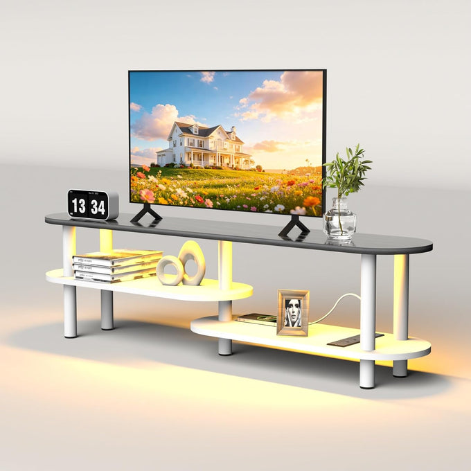 70" Walnut Curved Entertainment Center with Smart RGB Light& Outlet